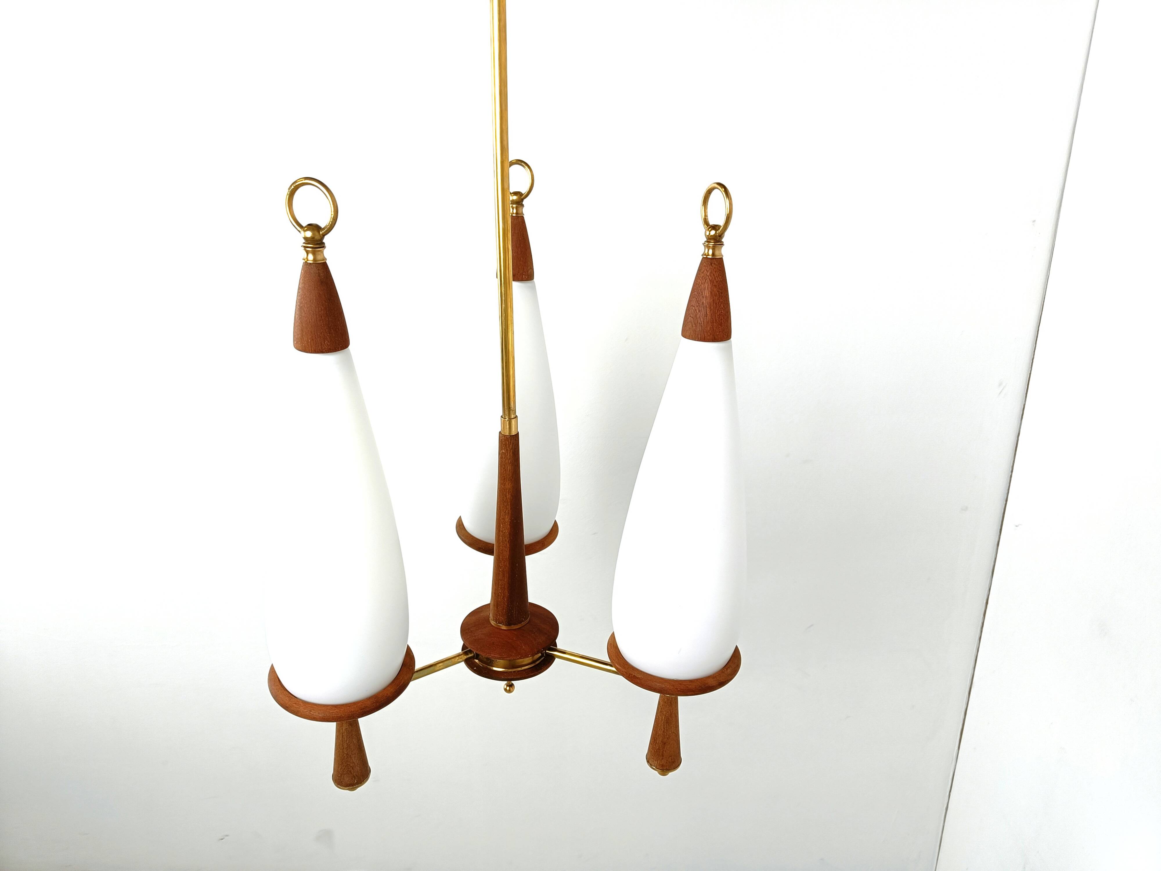 Vintage teak chandelier with white glass shades, 1960s