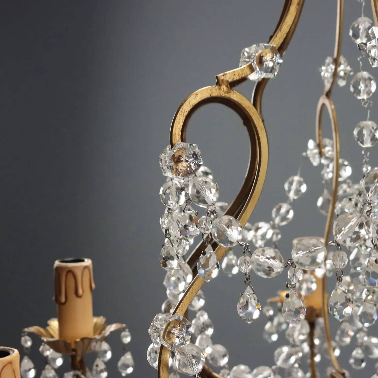 Antique chandelier in gilded iron and metal, Italy, 20th century
