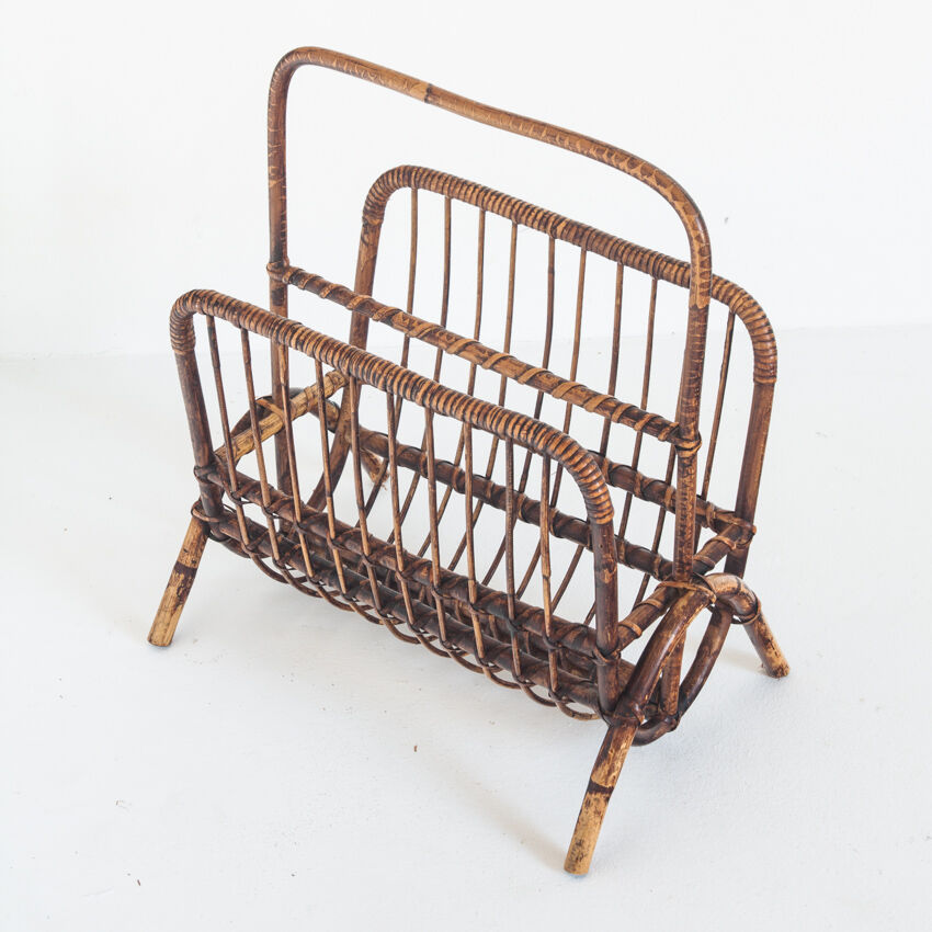 Vintage rattan magazine holder, France 1960