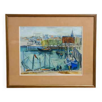 Watercolour / mixed media – Busy port – Signed R. Favier – Framed
