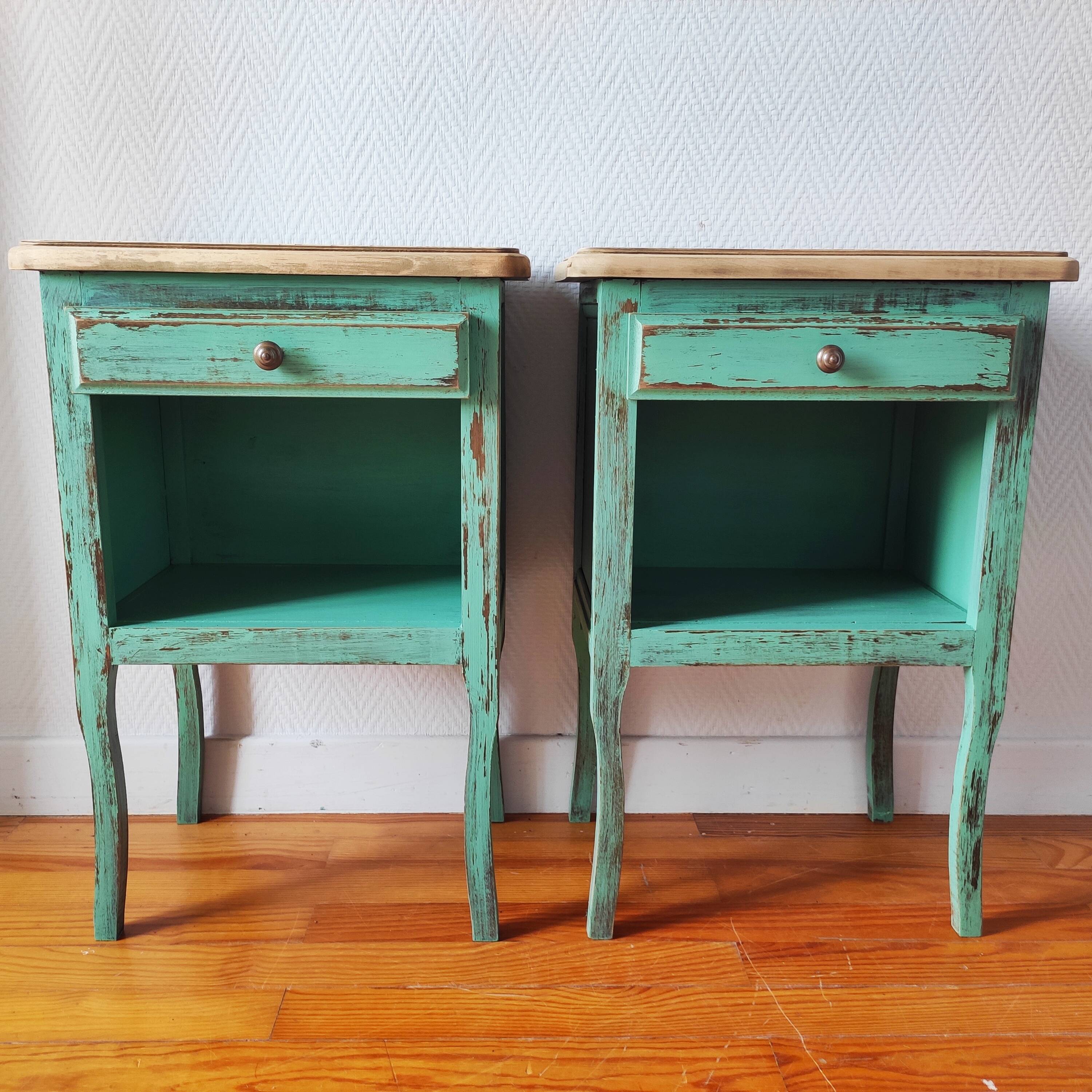 Pair of bedside tables with aged patina