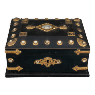 Blackened wooden box M on Z patented brass and mother-of-pearl cabochons late nineteenth