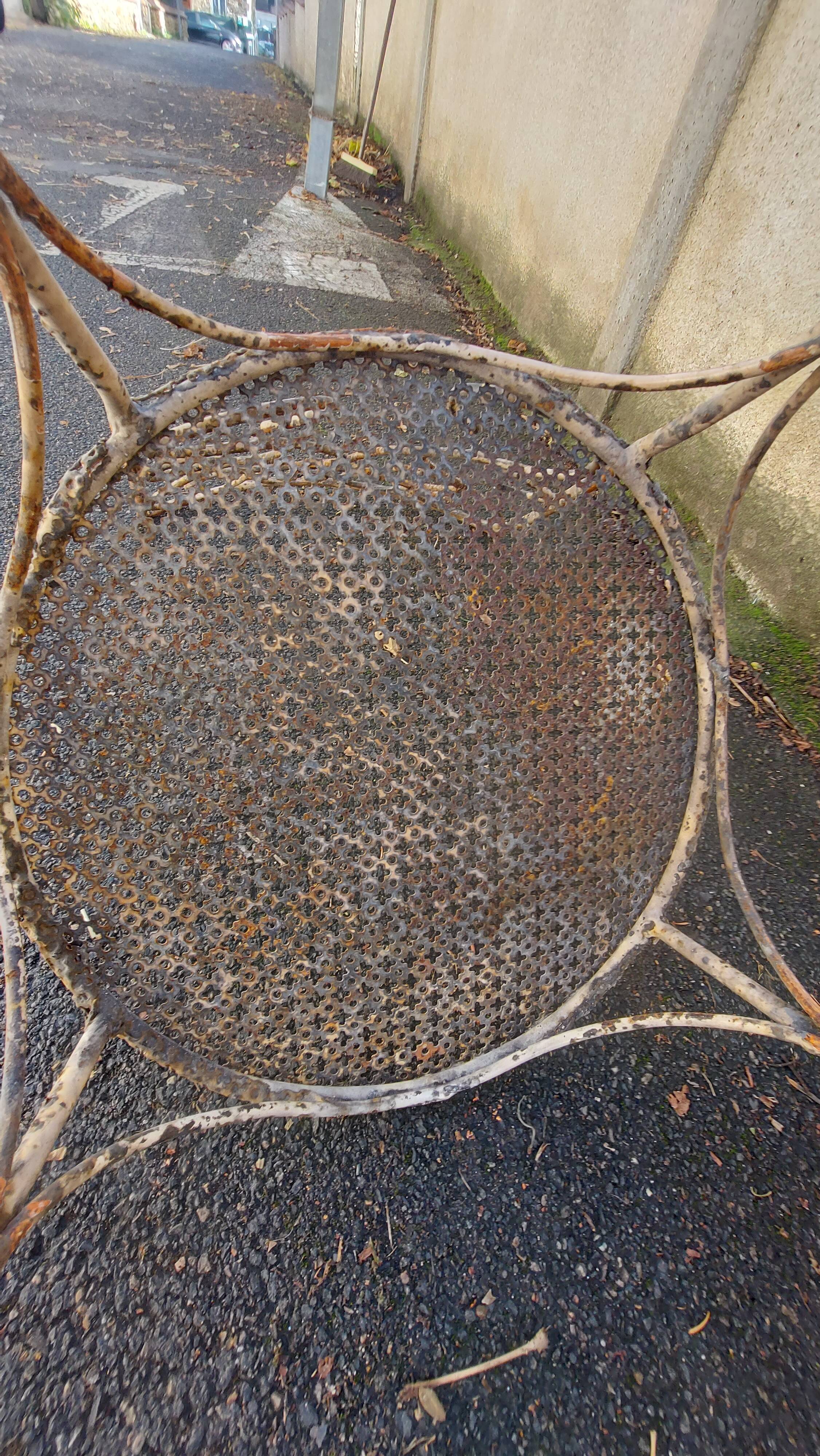 Set of 3 wrought iron garden chairs, rigitulle seat 1940/50