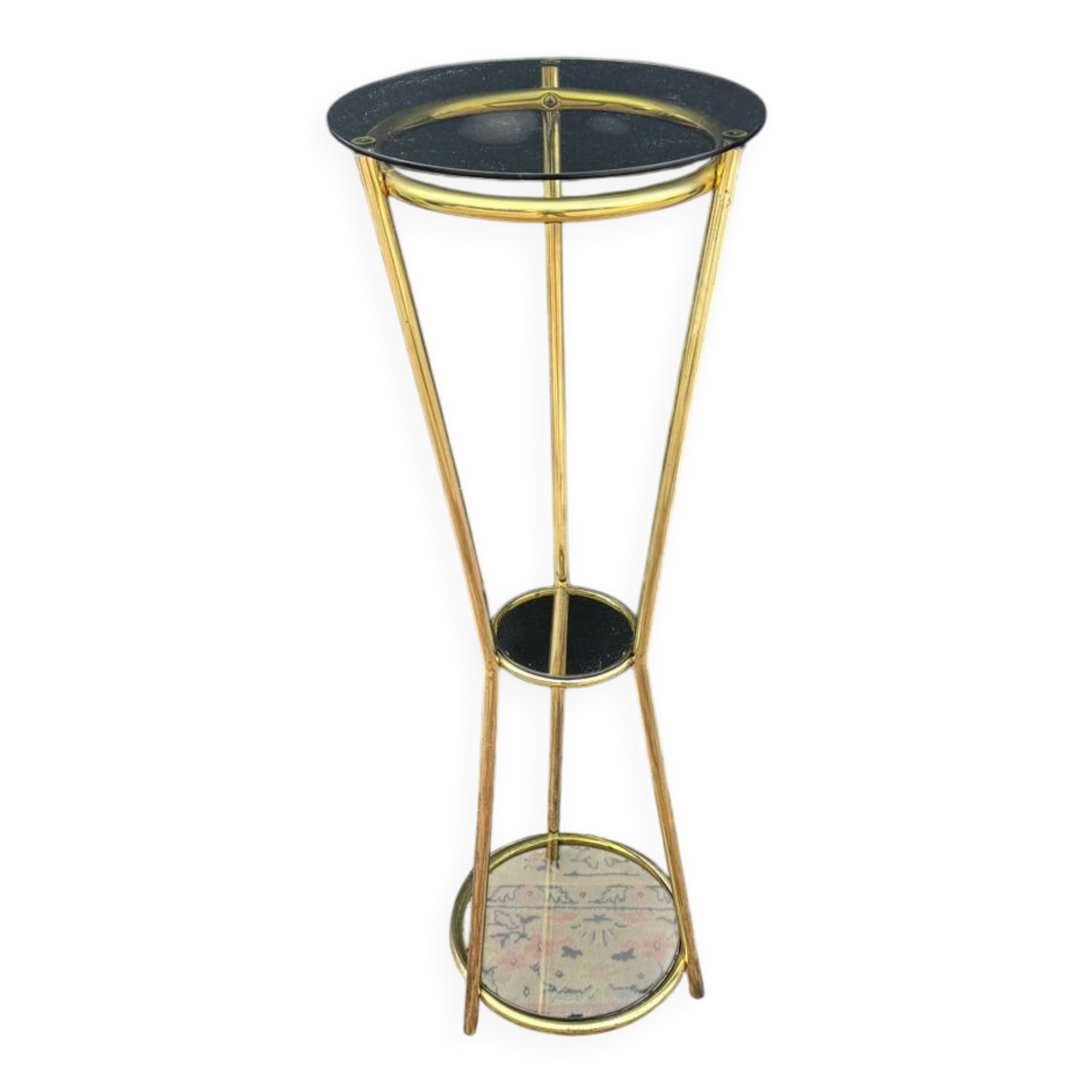 Golden tripod stand with smoked glass from the 1970s.