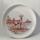 Set of 3 mismatched flat plates - red/burgundy decorations - deer and hare