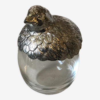 Moutardier de table en forme de caille métal argenté et verre