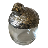 Quail-shaped table mustard silver metal and glass