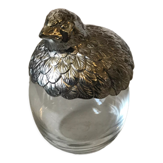 Quail-shaped table mustard silver metal and glass