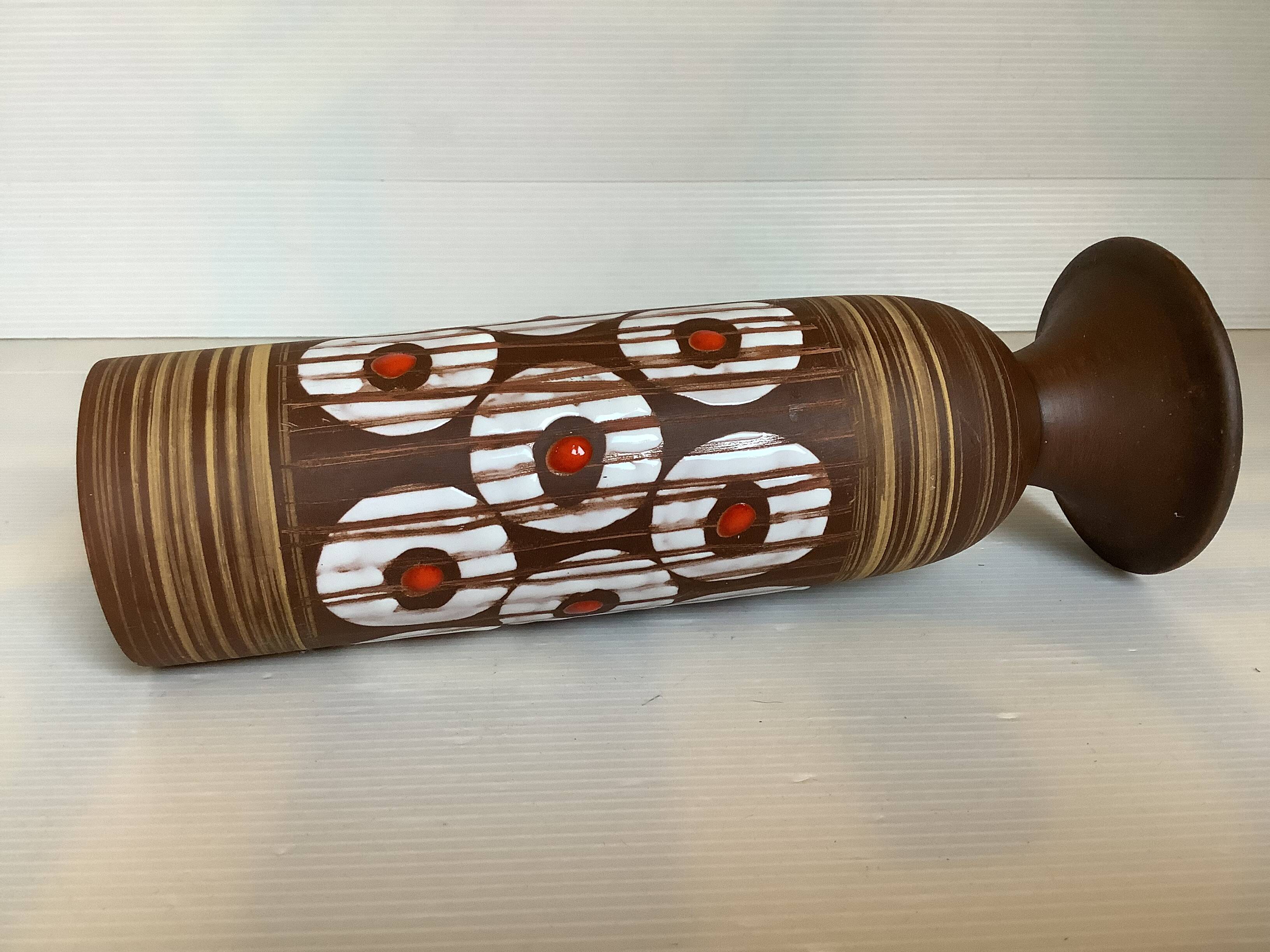 W Germany Round White and Red Matte and Enameled Vase