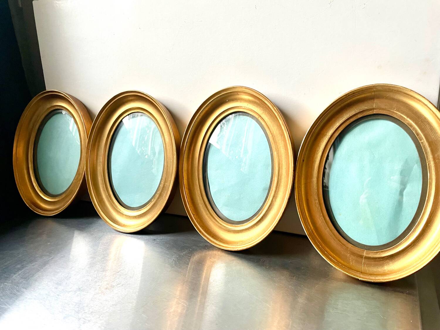 Lot of 4 Antique Oval Gilded Frames  CONVEX glass , each frame 19.5 cm x 15.5 cm
