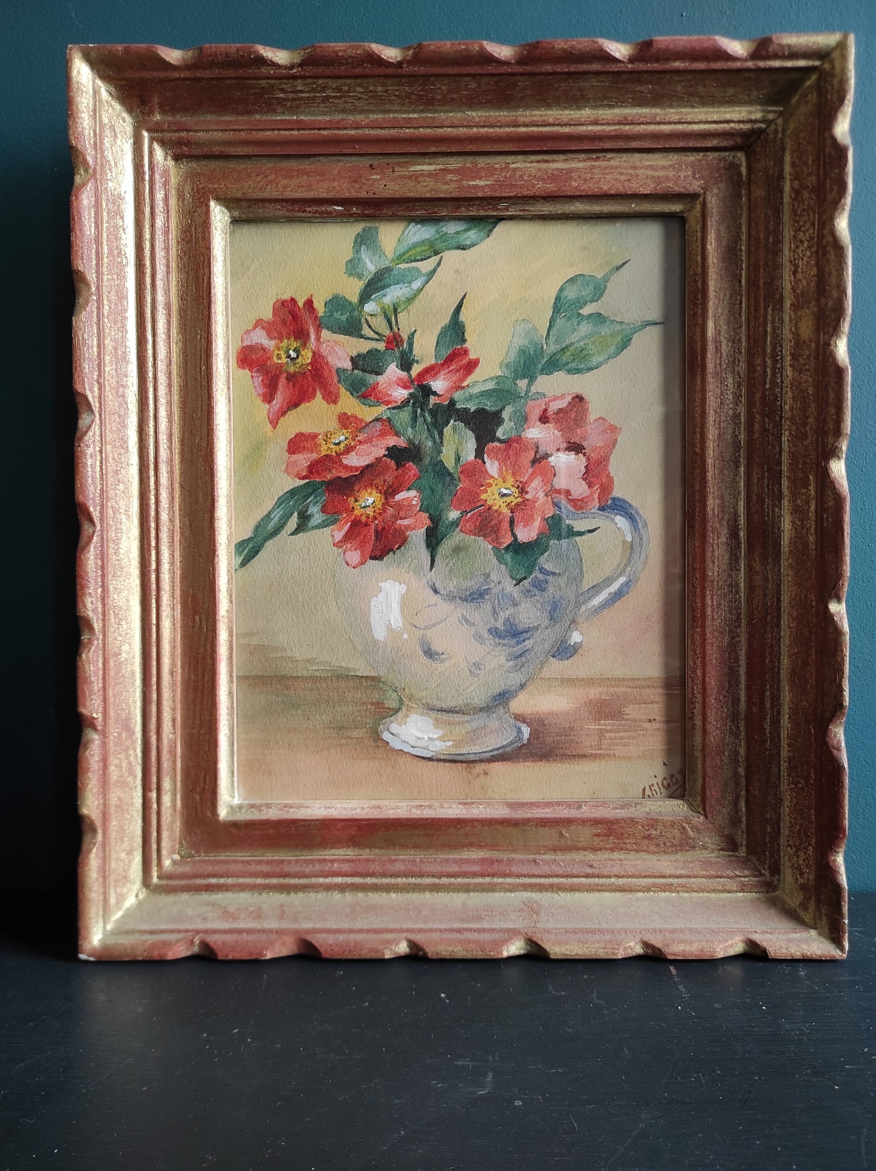 Aquarelle vintage de fleurs, signée Griggs