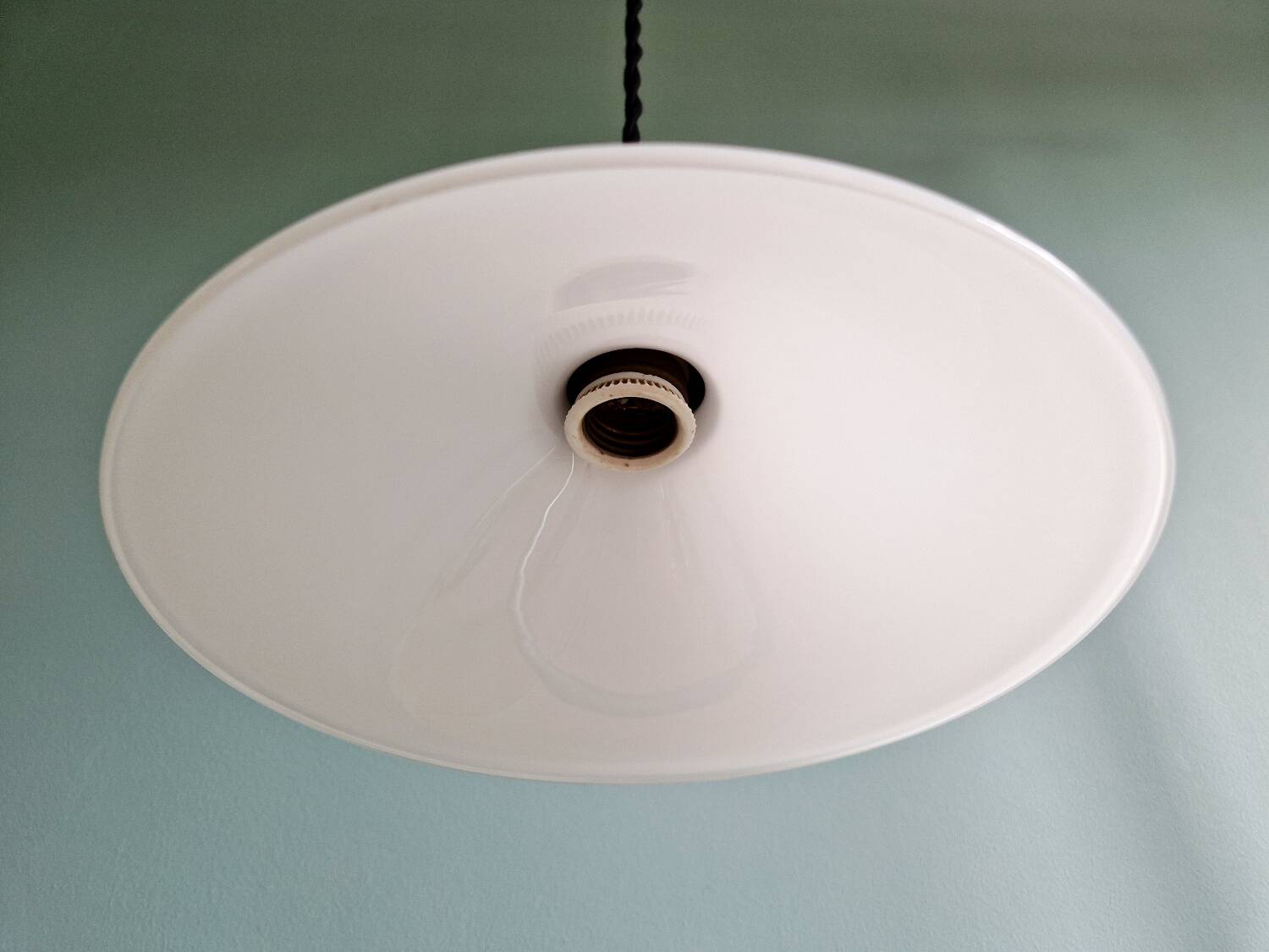 Pair of Art Deco conical white opaline pendants, 1920-30.