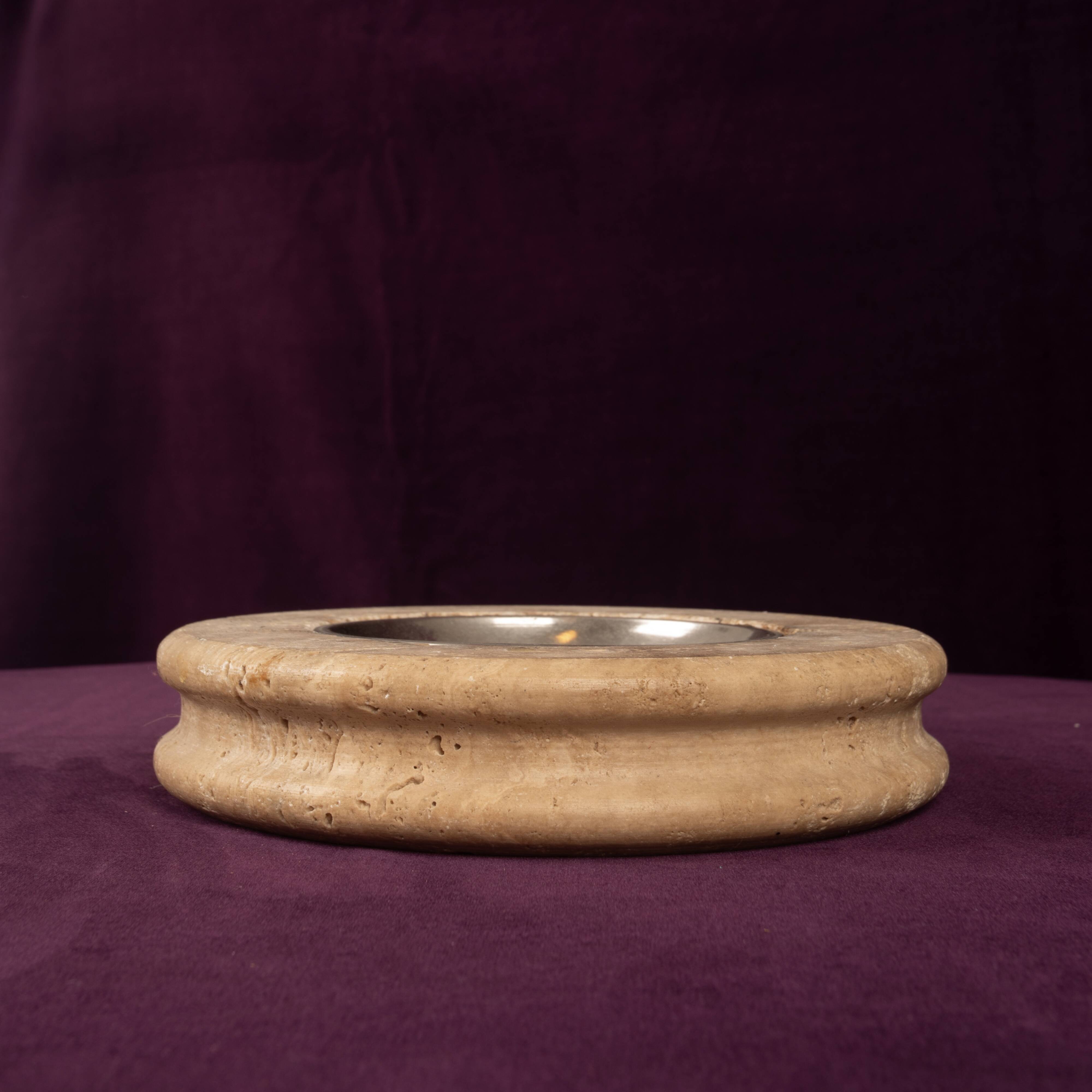 Round Italian Travertine Ashtray with Removable Metal Dish 1970