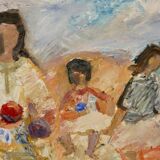 Large Swedish Mid-Century Oil on Panel" Beach" by Stig Thiderman (1920-1973) - Vintage and Framed