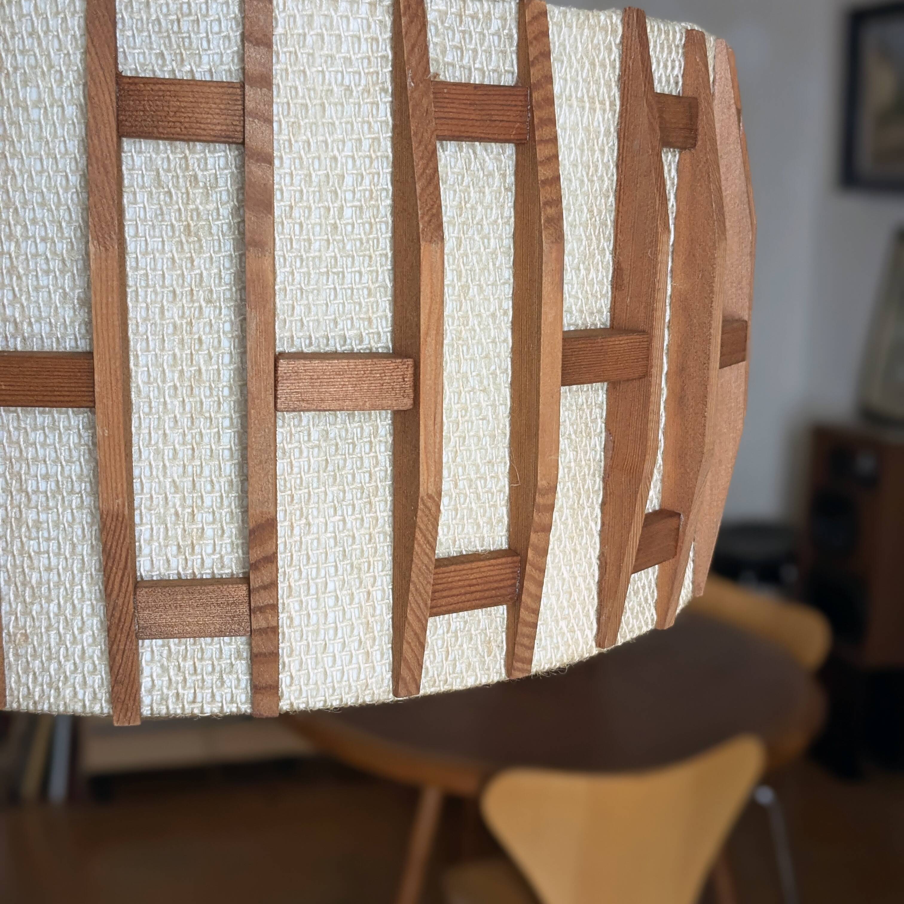 Pair of Scandinavian wooden and fabric pendant lights from the 60s