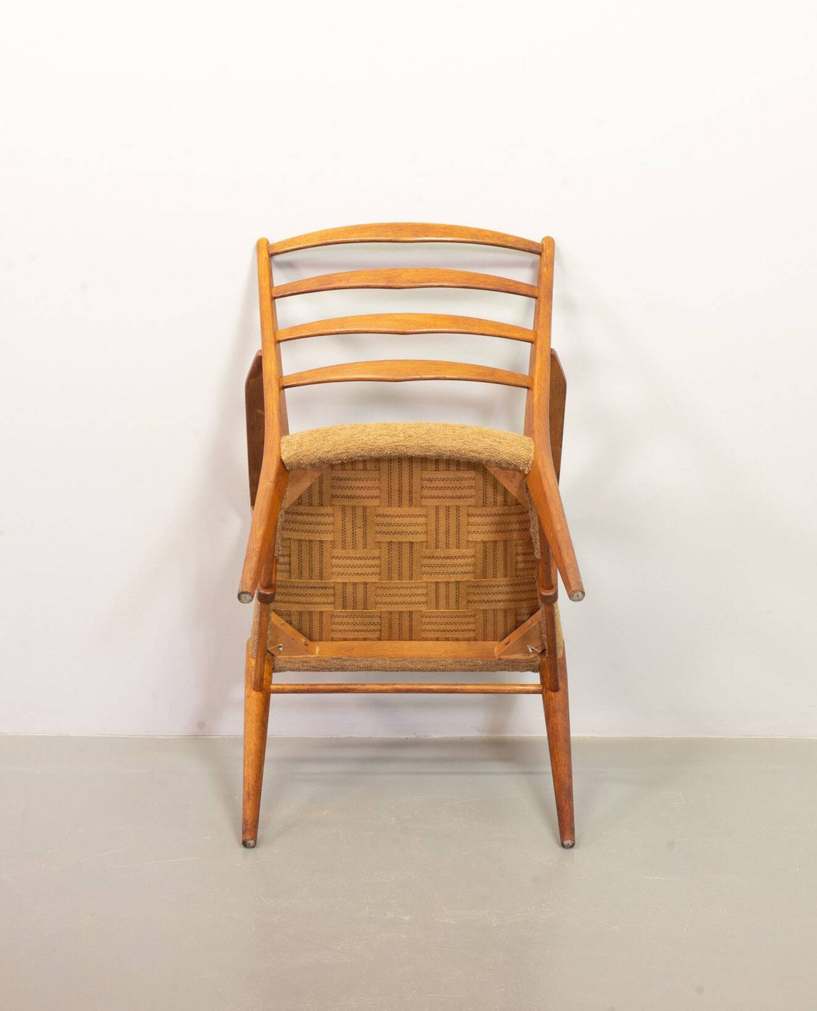 Cees Braakman Dutch Design Wooden Ladder Arm Chairs & Caramel Bouclé Fabric