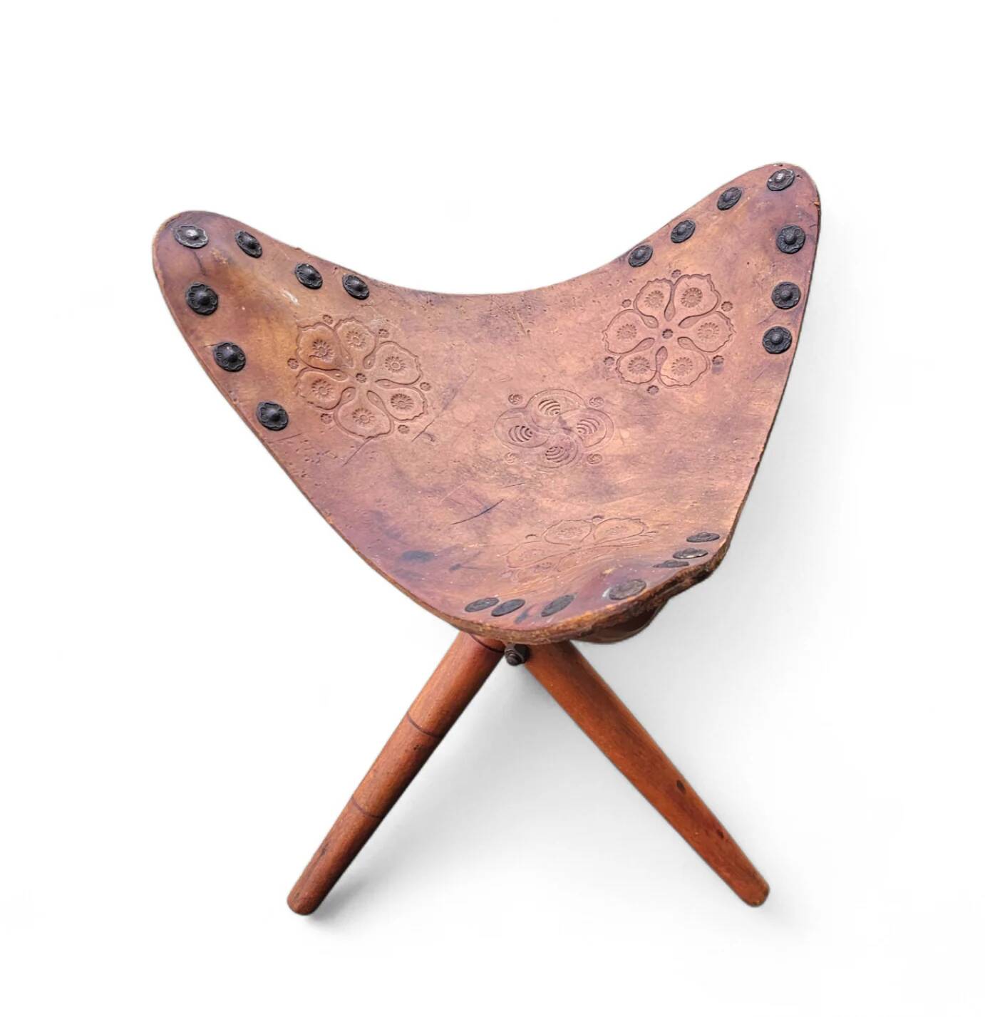 2 x matching vintage tooled leather tripod chair / camp chair