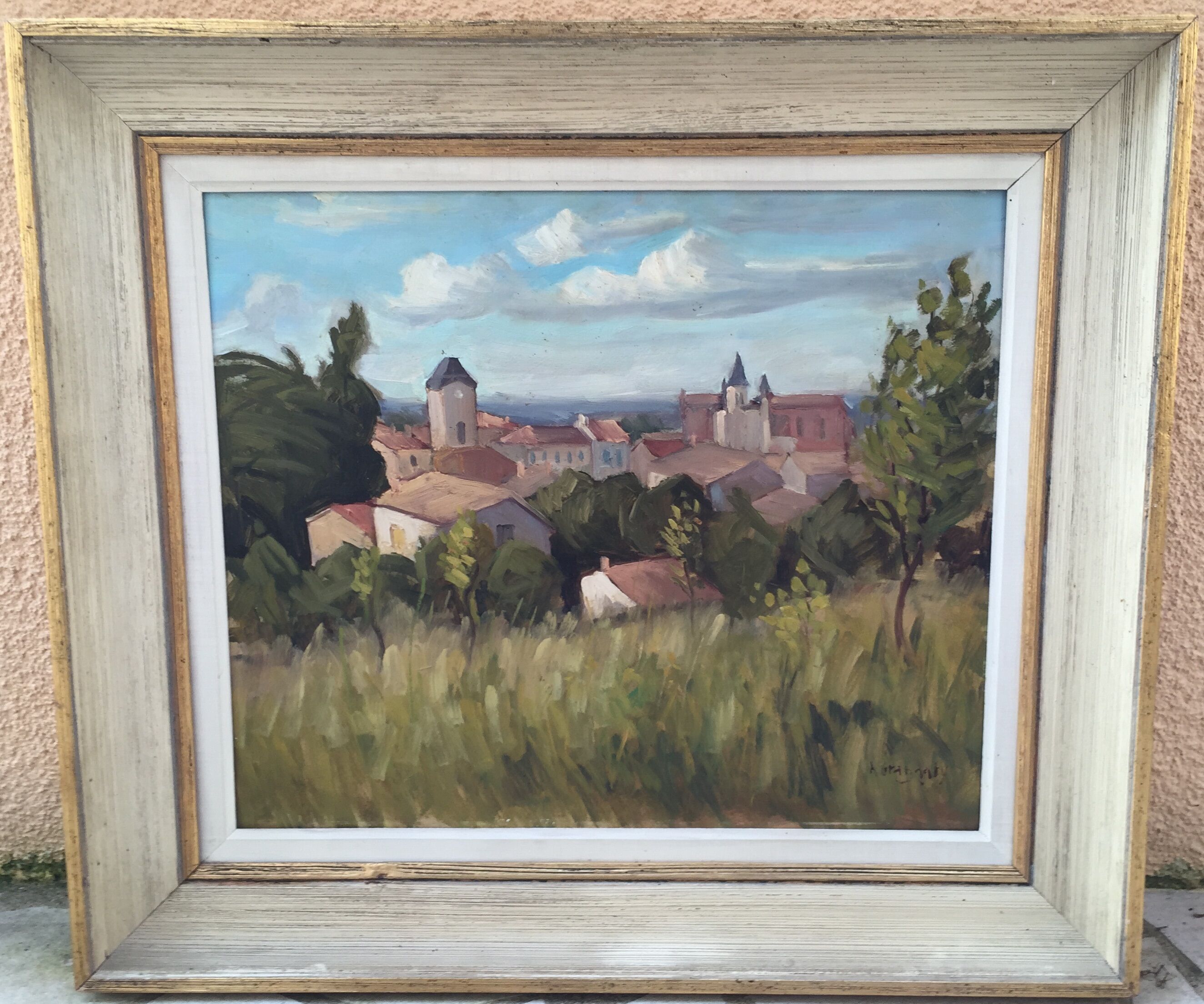 Oil on panel: Landscape, village in the countryside