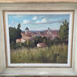 Oil on panel: Landscape, village in the countryside