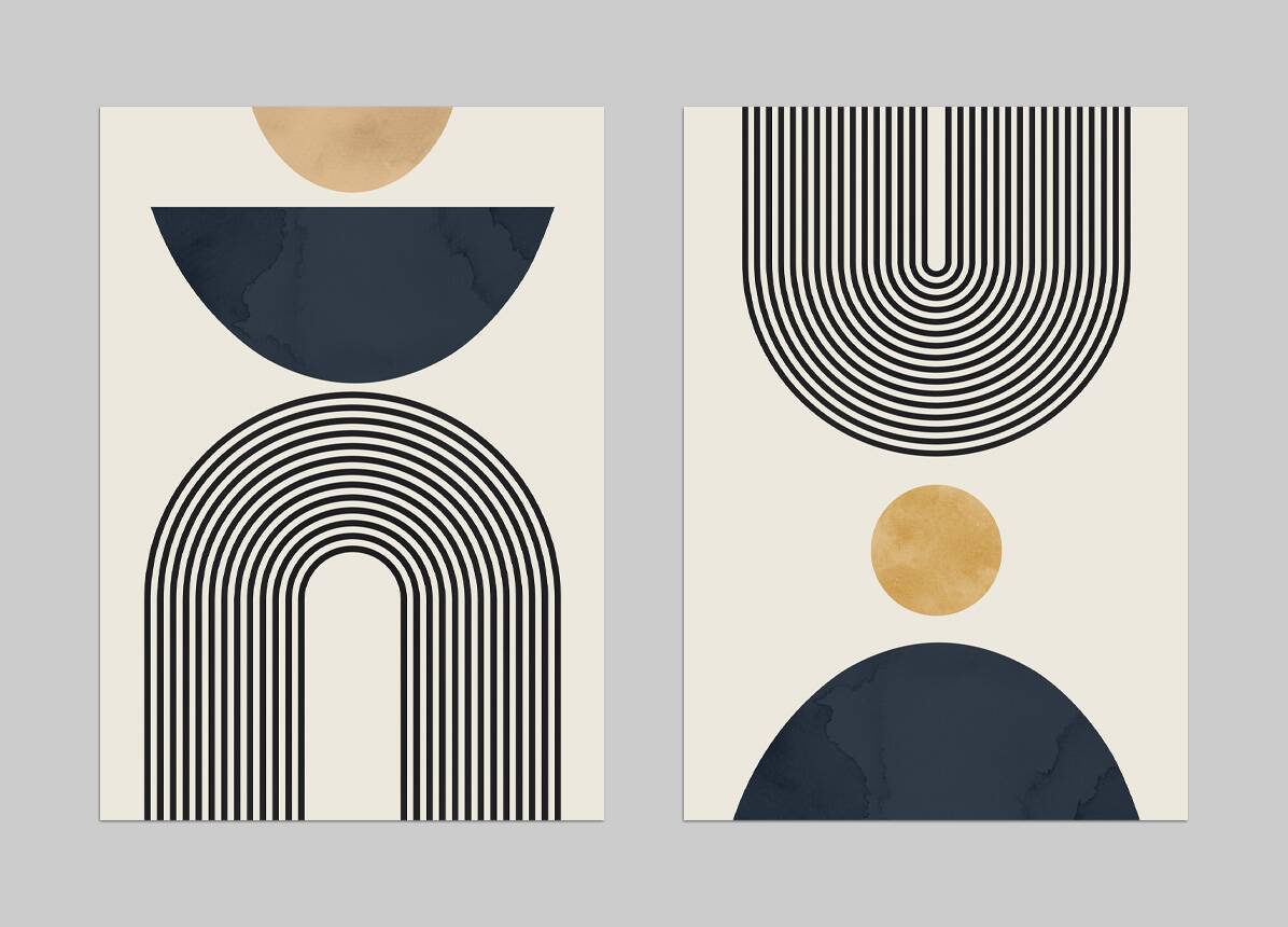 2 impressions d'art géométriques avec des cercles et des lignes