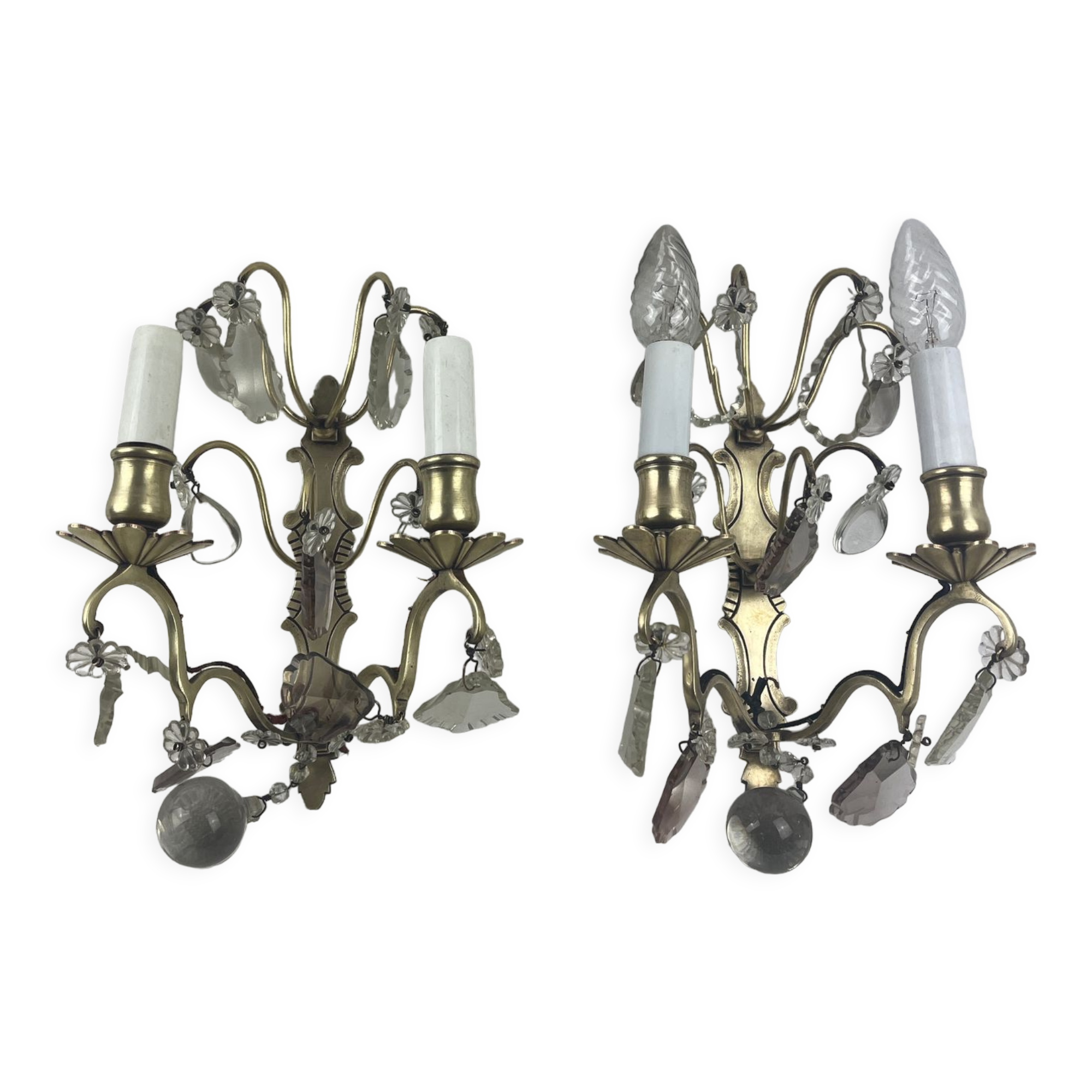 Paire d'appliques en bronze doré et pampilles Selency