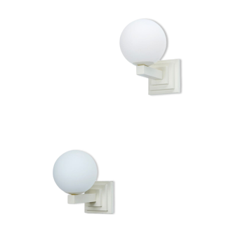Pair of postmodern wall lamps in wood and glass circa 1980