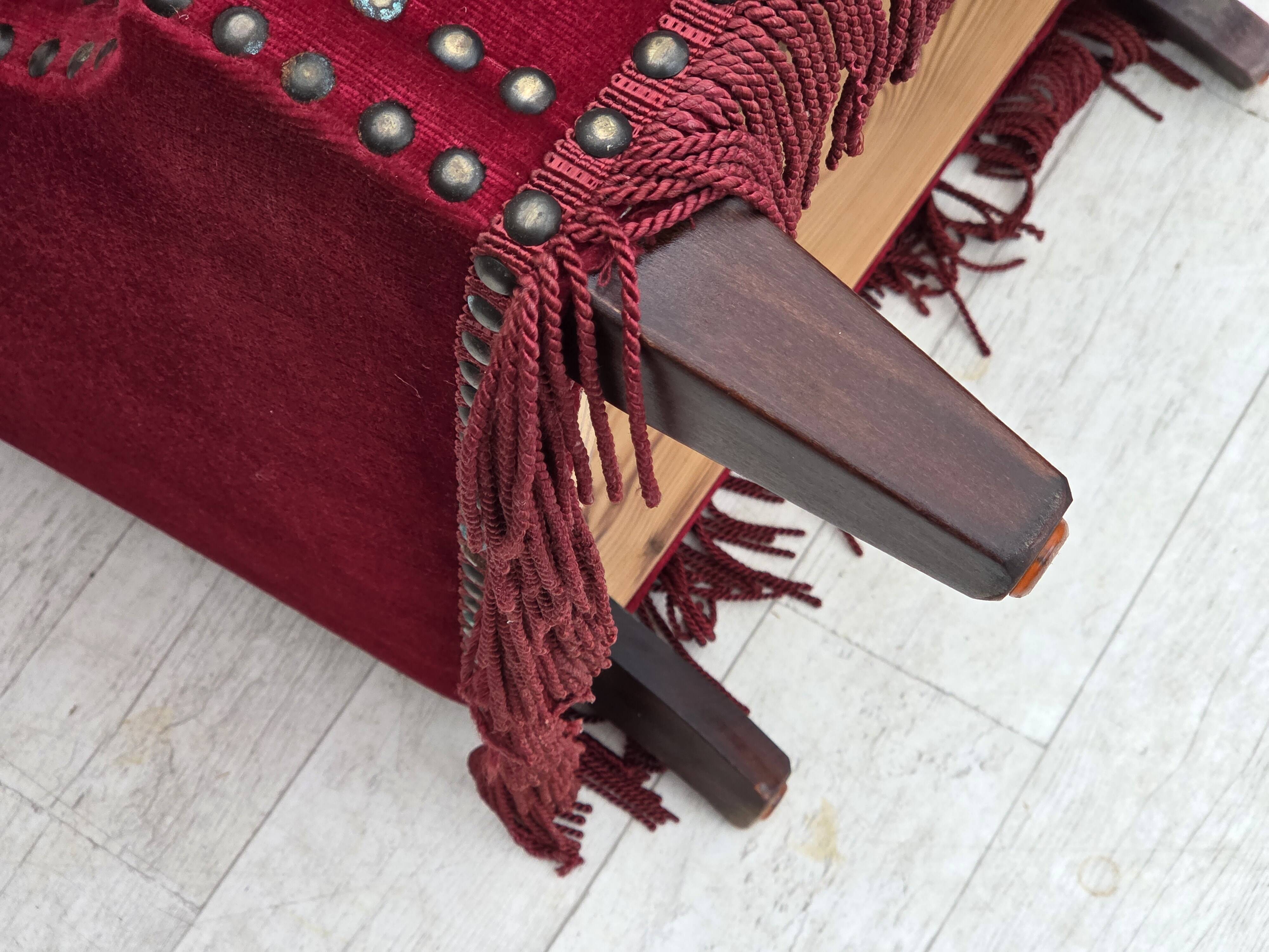 1970s, Danish armchair, red furniture velour, ash wood.