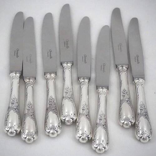 Christofle Marly, 8 dessert knives, for dessert and cheese, silver-plated metal, 19.5cm.