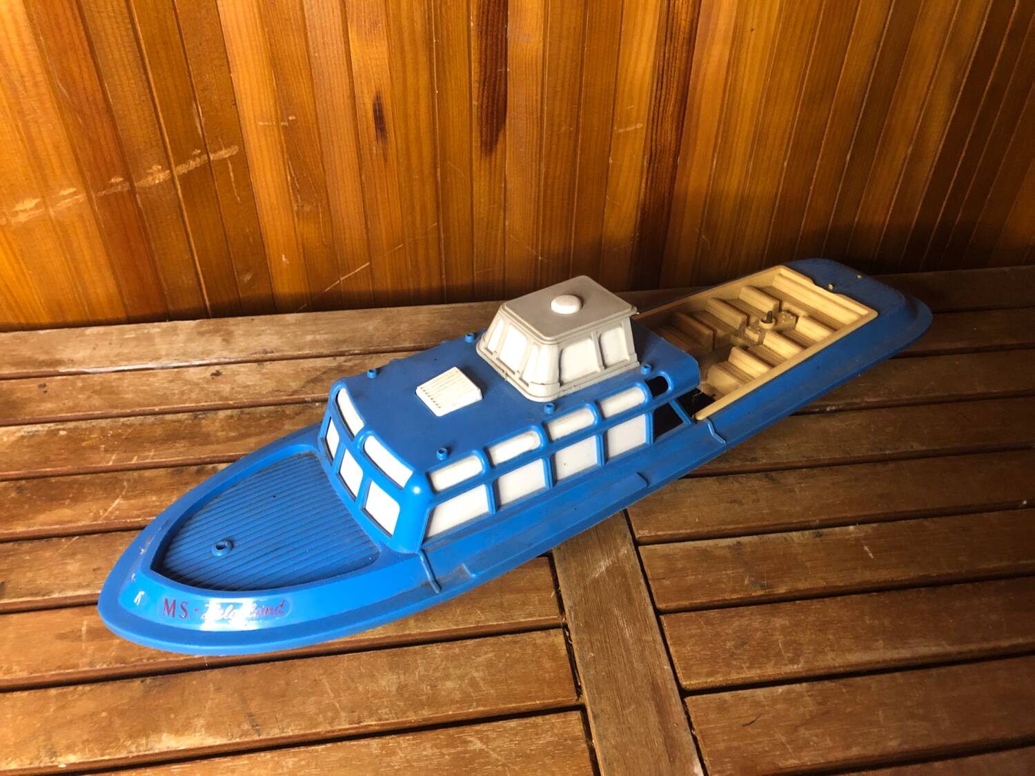 Old Toy Boat Sheet Metal MS Helgoland A Remontoir 1950 Vintage #A599