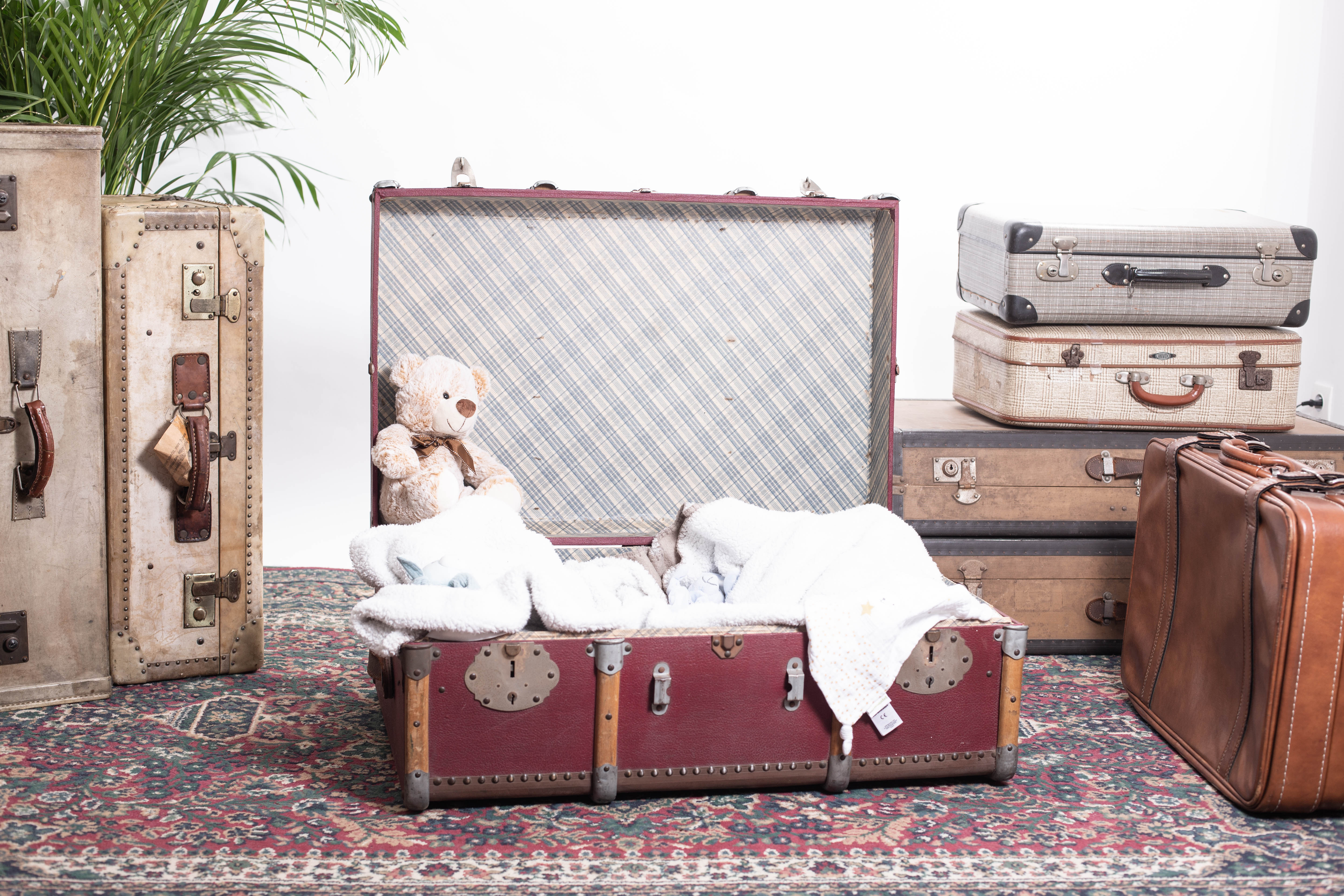 Old trunk travel suitcase burgundy color