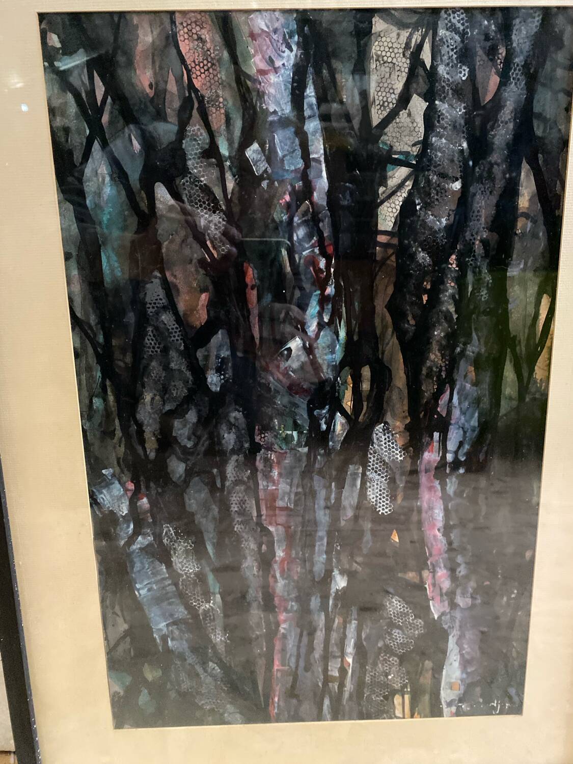 Old Abstract Oil On Paper Signed + Black Wood Frame #B548