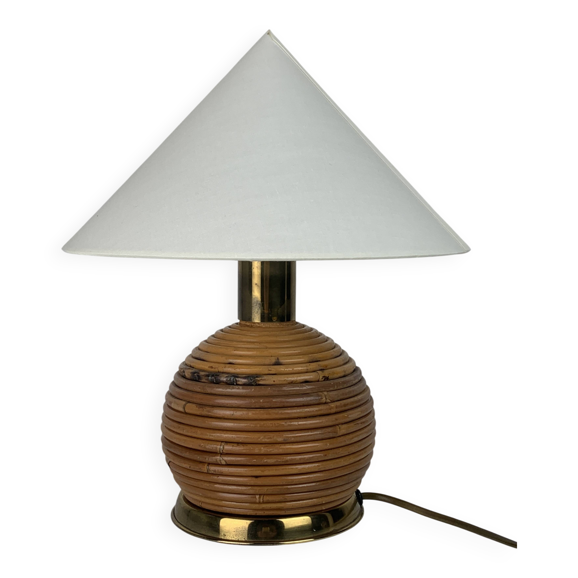 Lampe de table en rotin, bambou et laiton, Italie années 1970