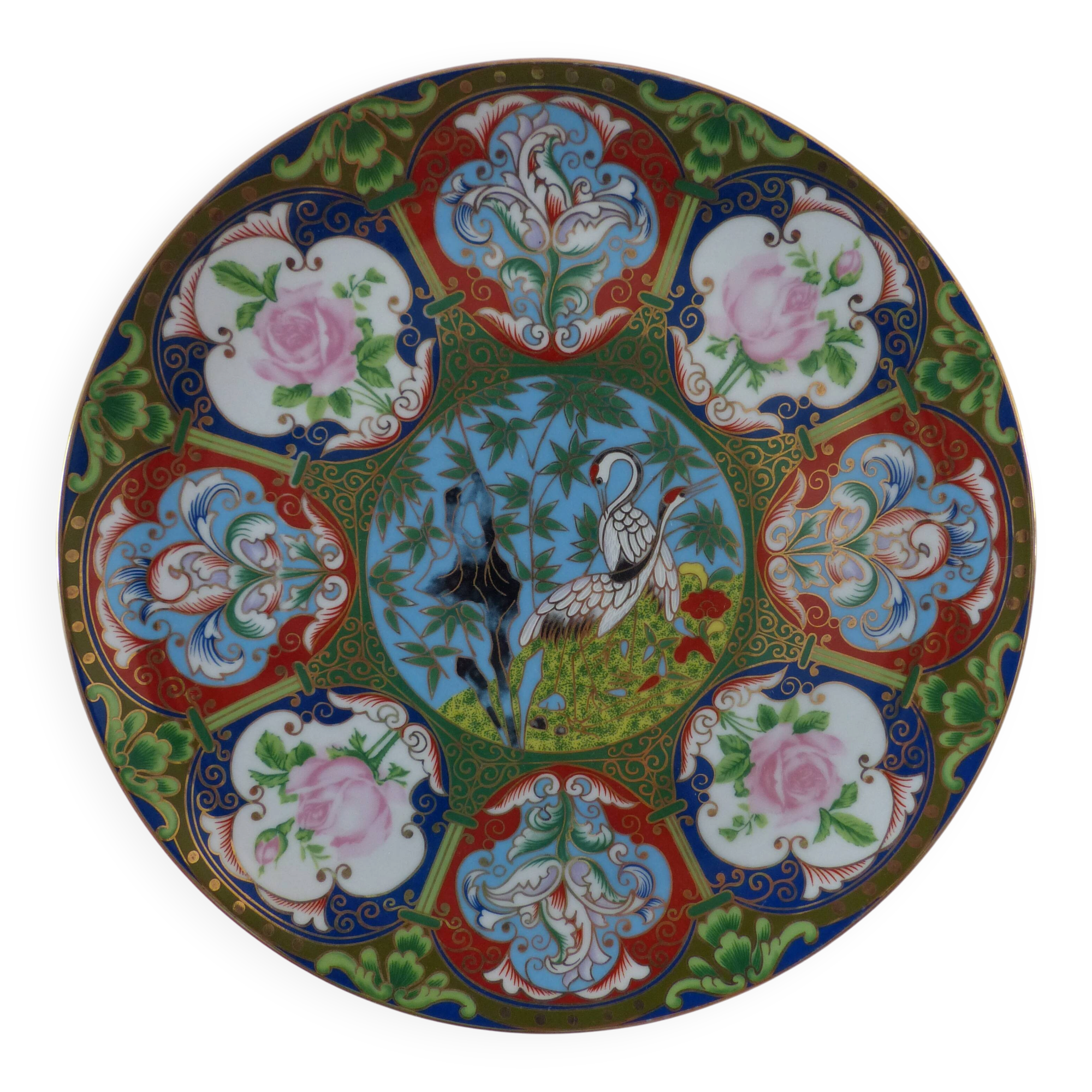 Vintage Japanese plate – Hand-painted cranes and flowers
