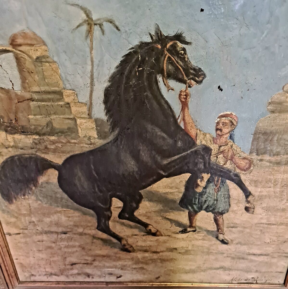 Peinture orientale d’un cheval avec une personne par Alexis de Reus 1908