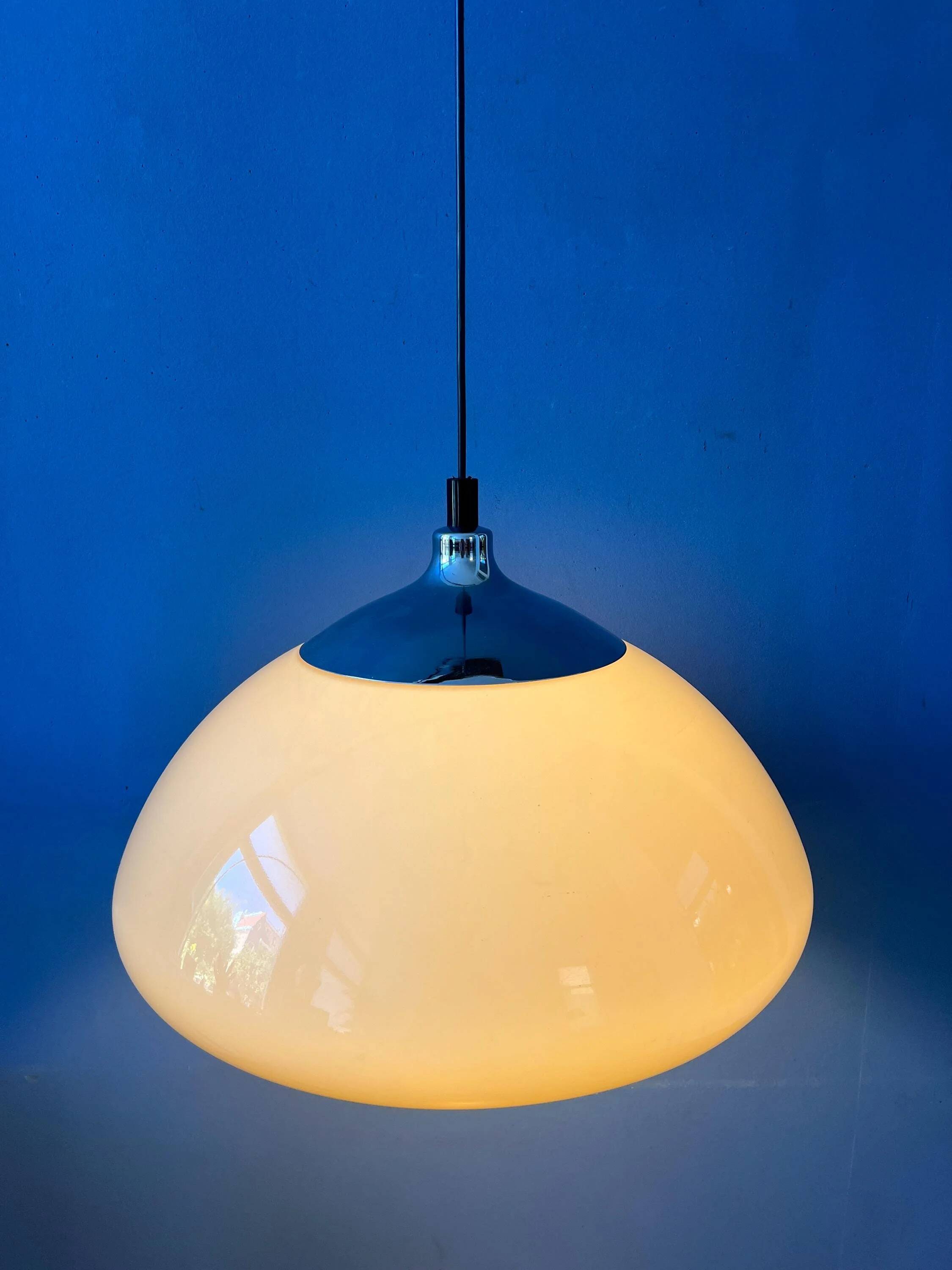 Beige acrylic glass mushroom pendant with a chrome top cap.