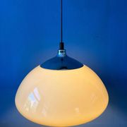 Beige acrylic glass mushroom pendant with a chrome top cap.