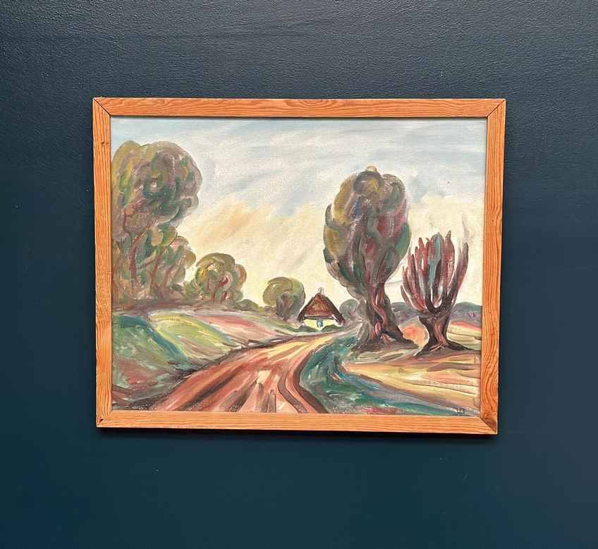 Original Mid Century Swedish Oil On Panel – “Path” By J.A. – Vintage & Framed – 74 × 60 Cm