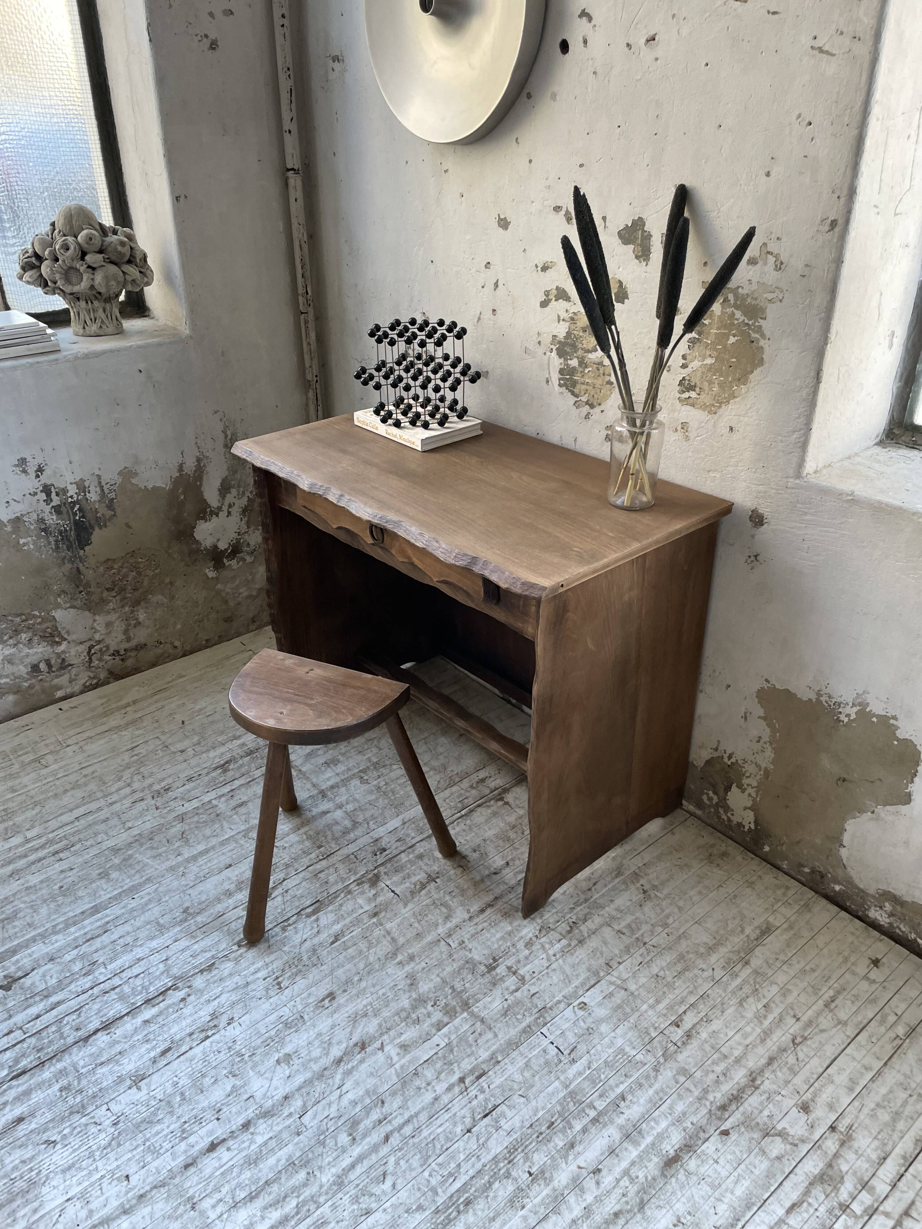 Brutalist desk in elm, signed Aranjou.