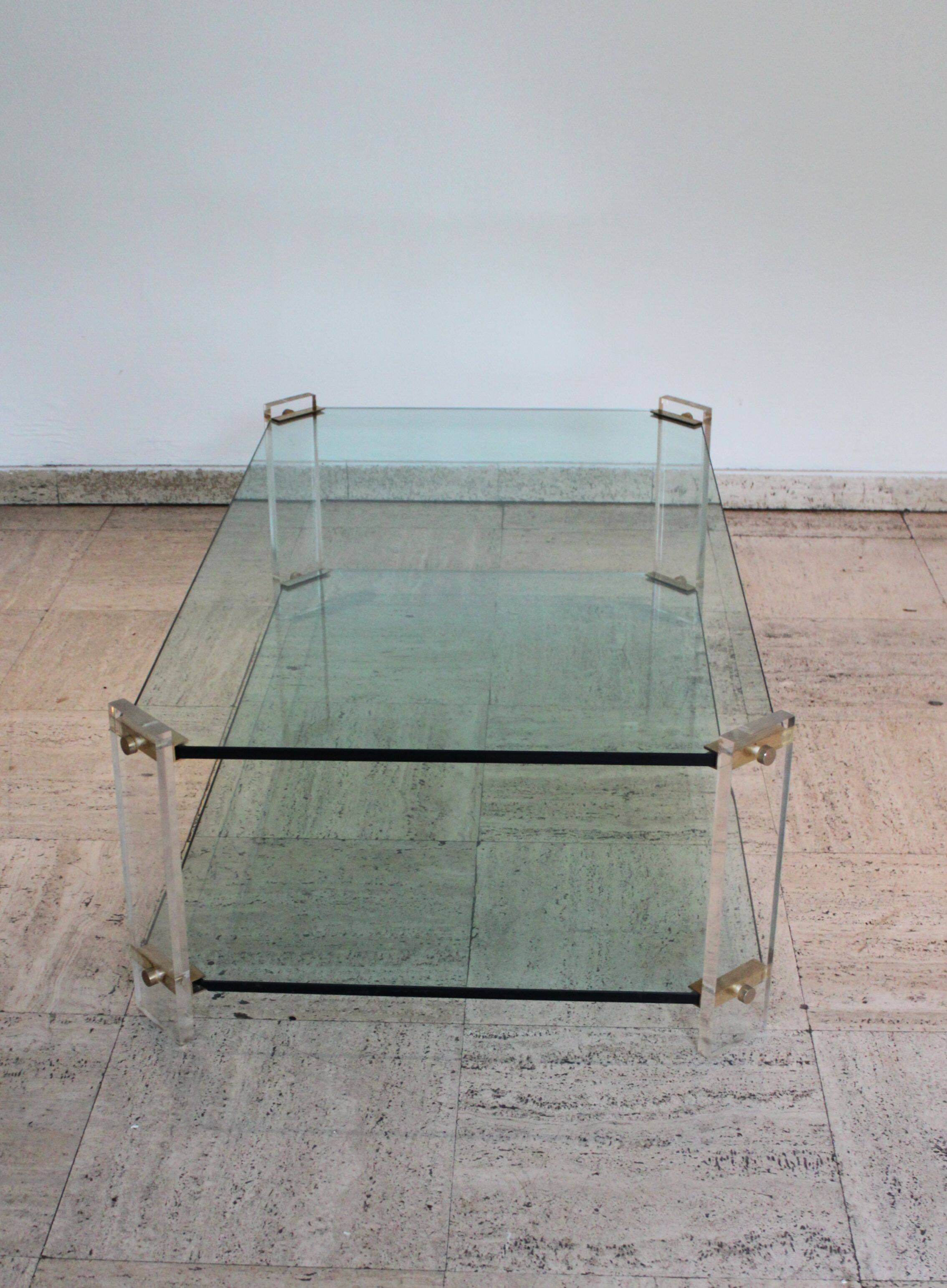 Glass and brass coffee table, Hollywood Regency style, 70's.