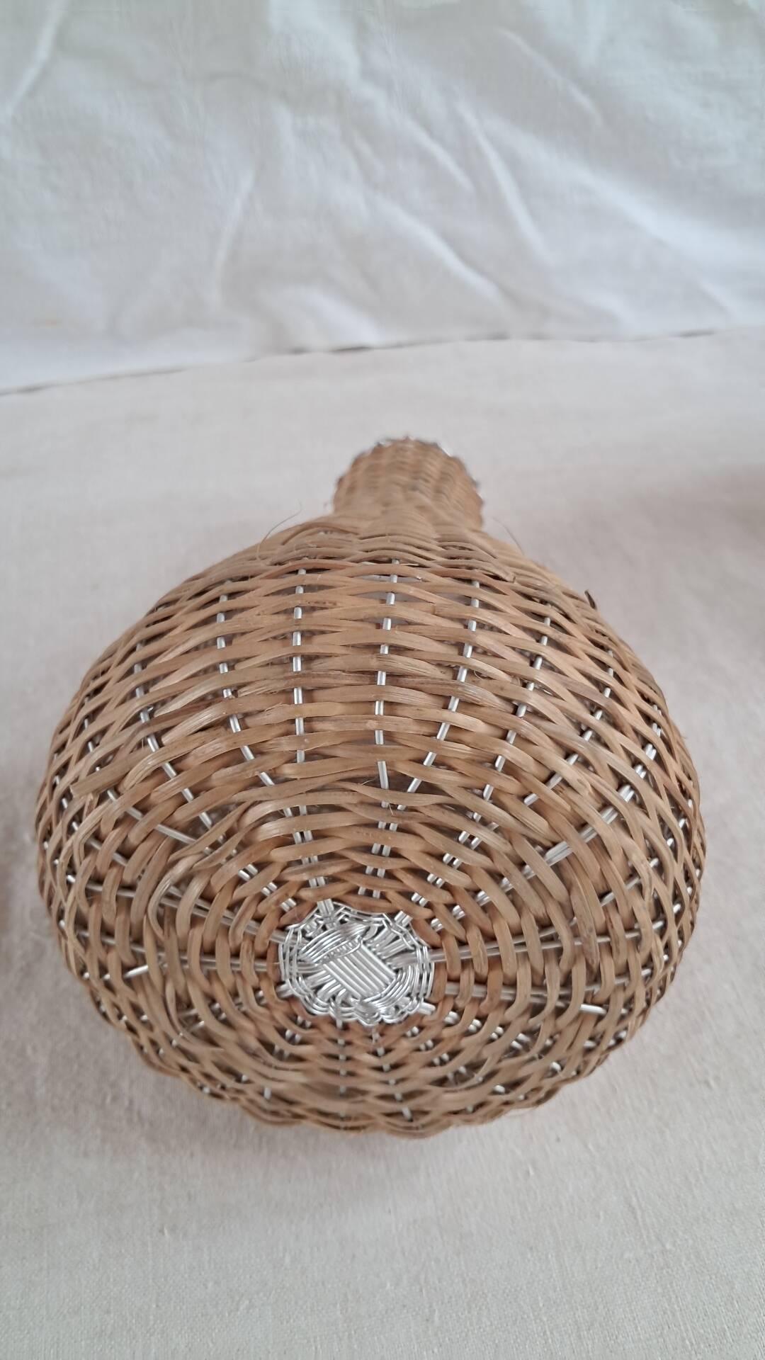 Pair of glass carafes / vases dressed in vintage woven rattan – A