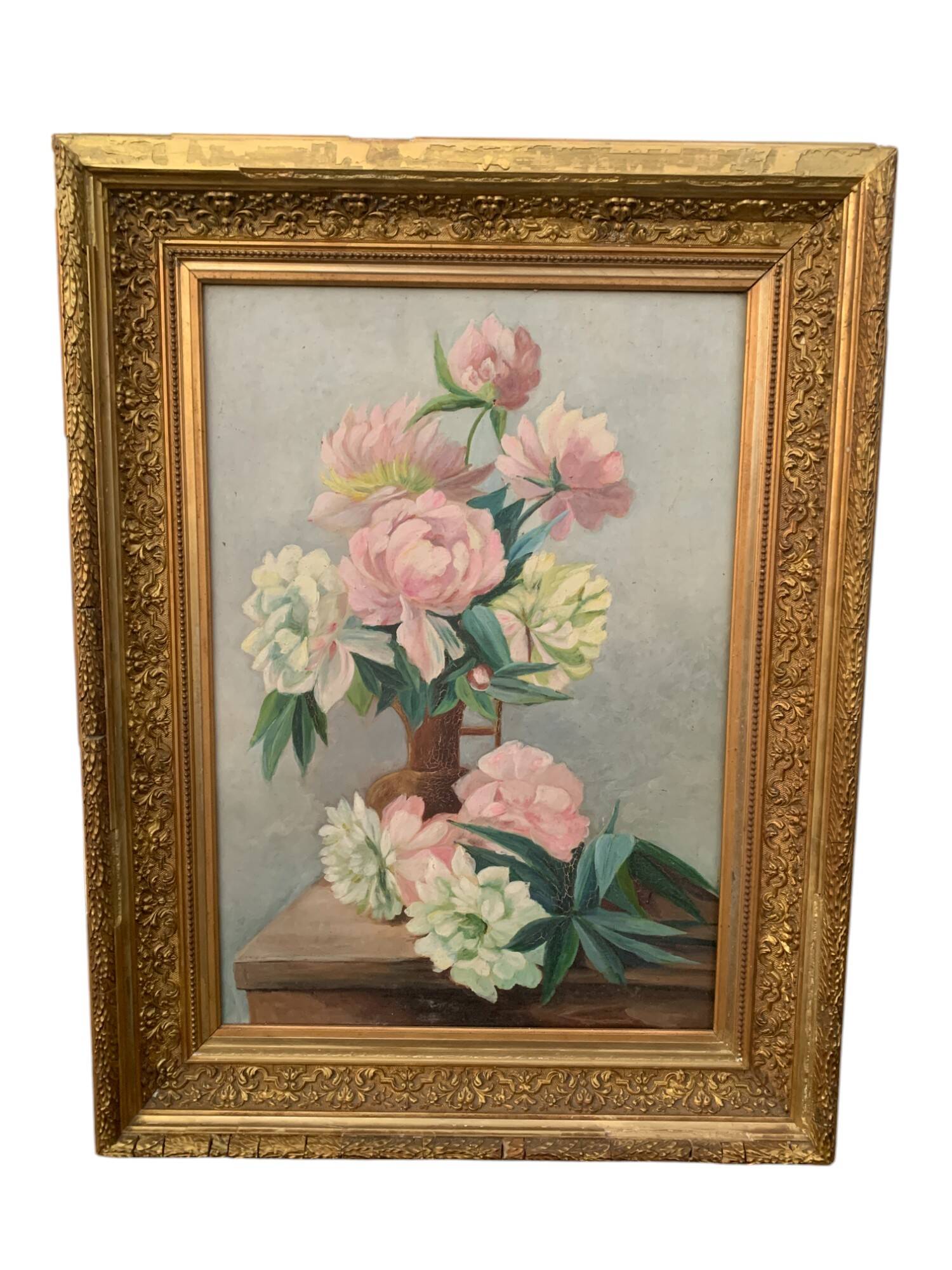 Nature morte huile sur toile bouquet roses pivoines