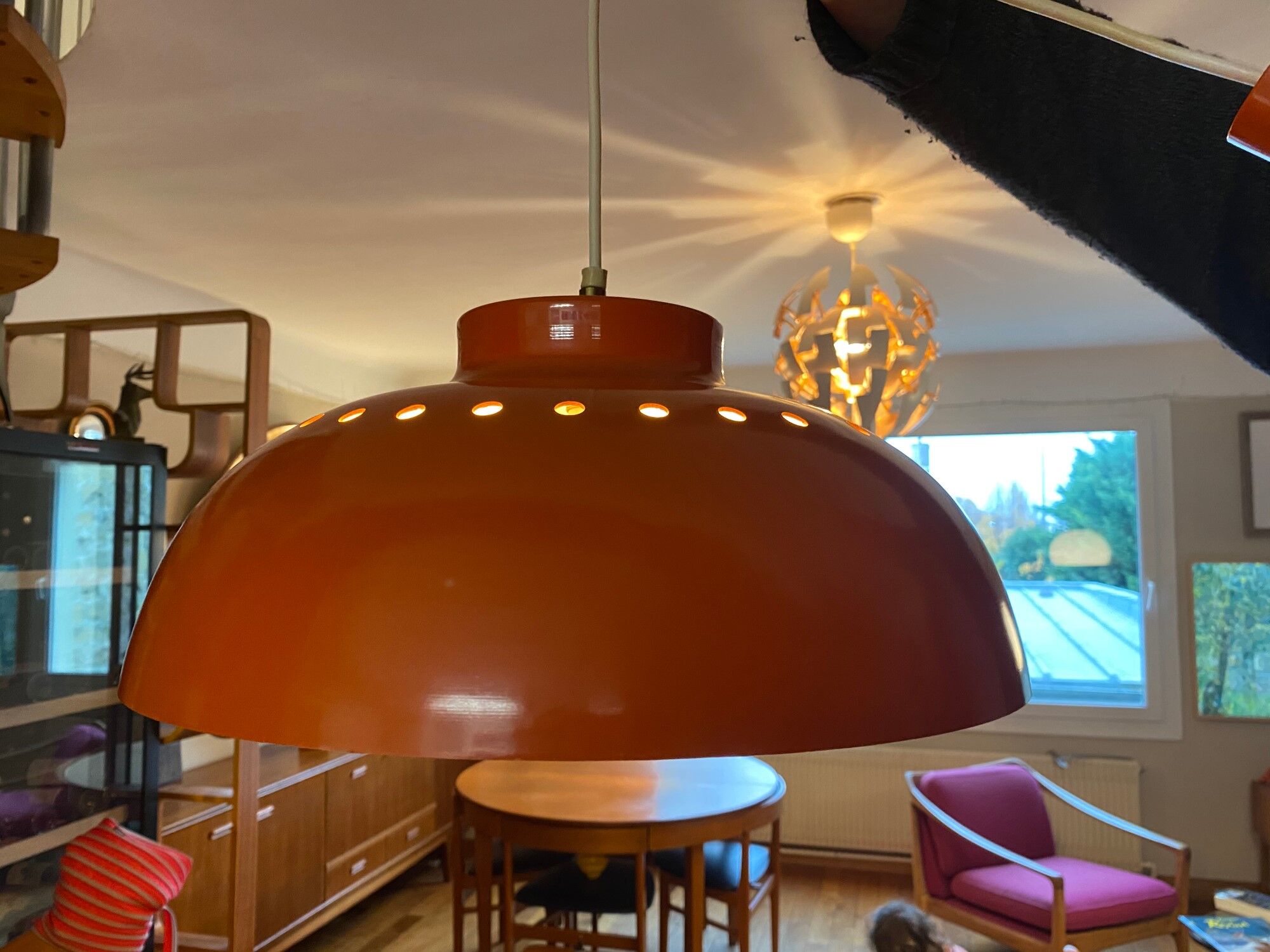 Red lacquered metal chandelier