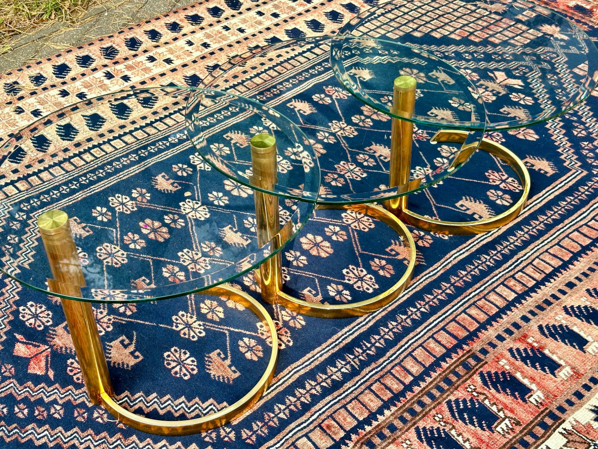 Coffee table, brass and glass, modular, set of 3, italy 1970s