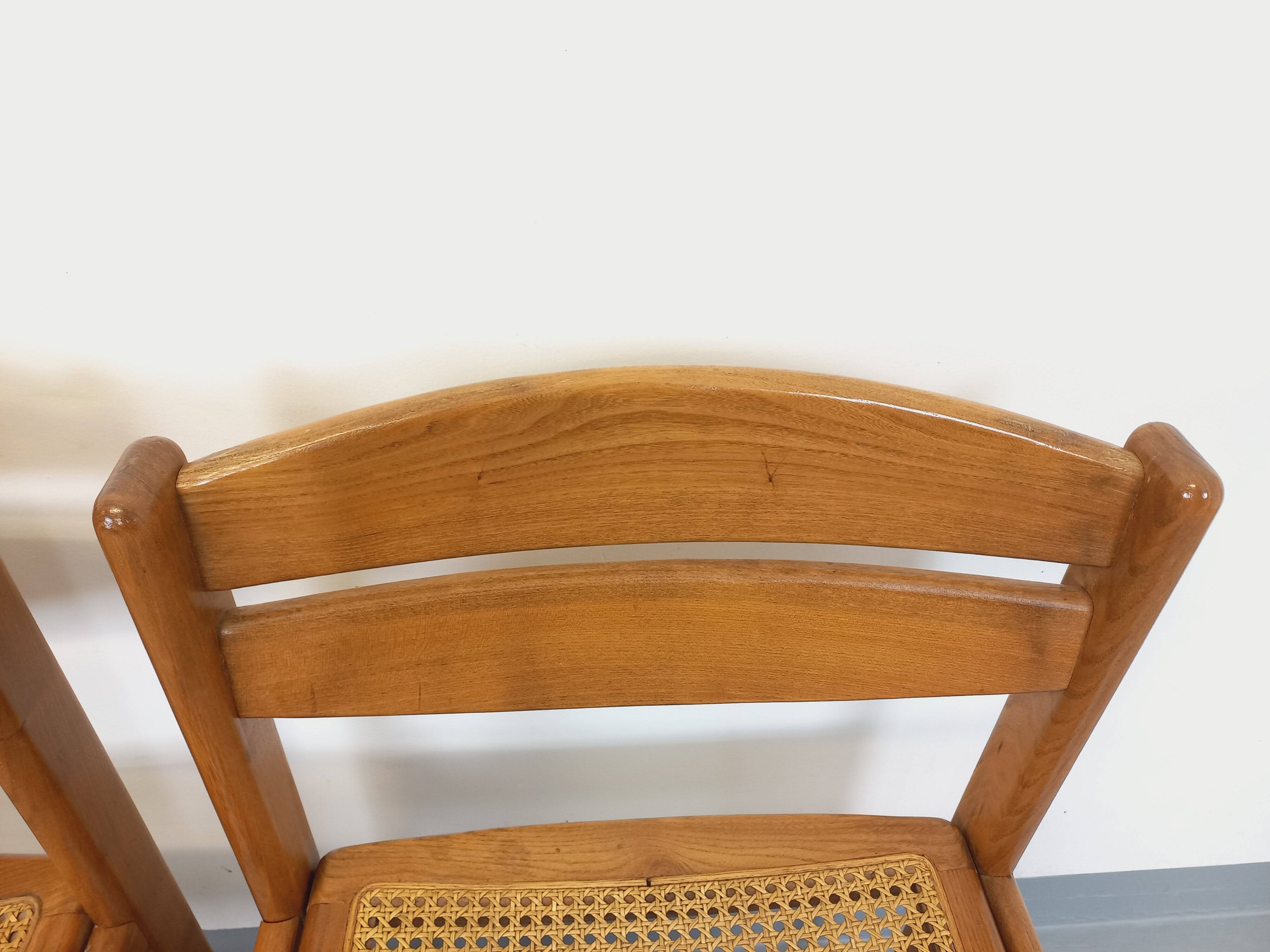 Pair of vintage sleigh chairs in beech wood and cane from the 70s