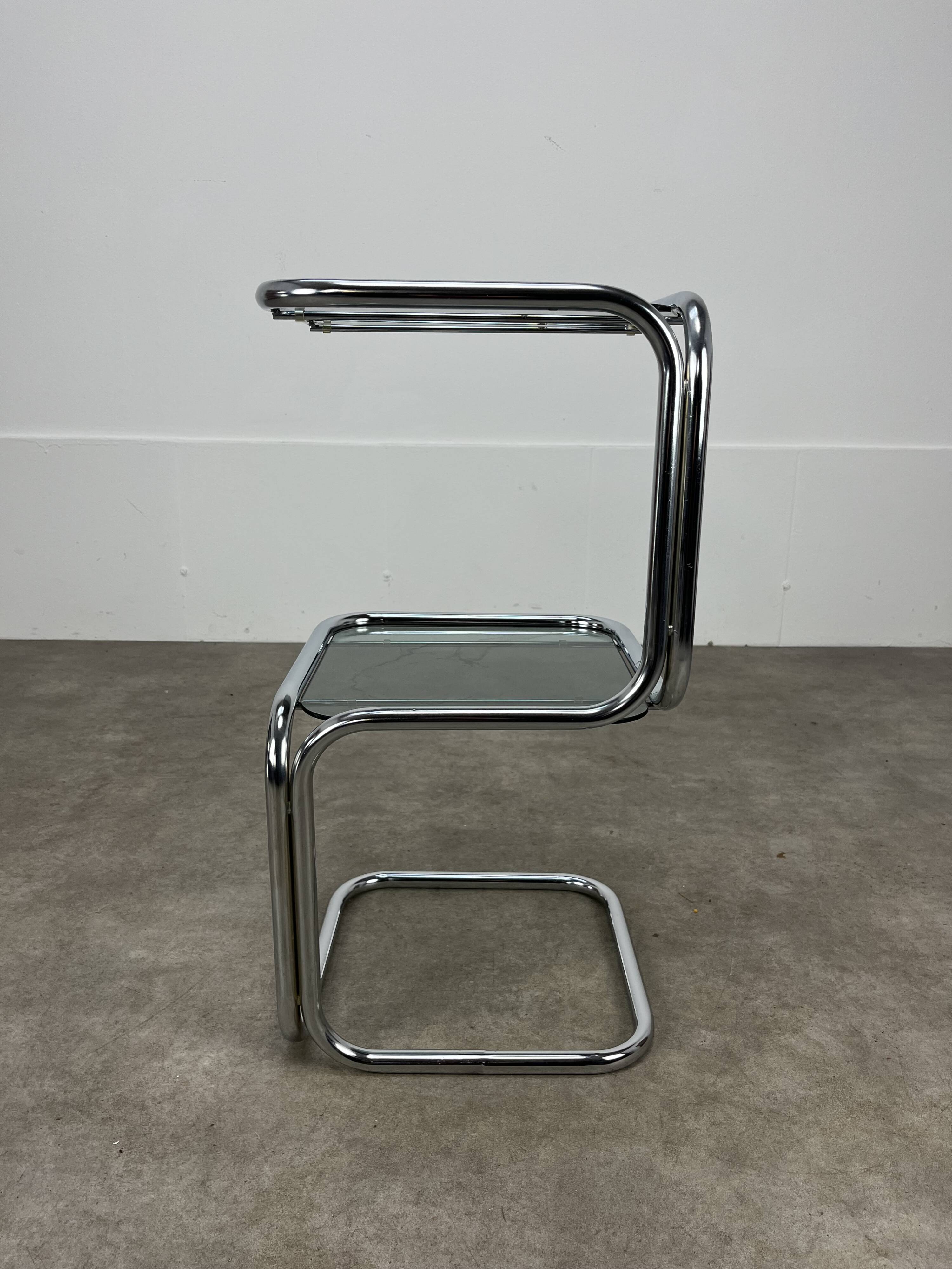 70s pedestal table, chrome and smoked glass side table