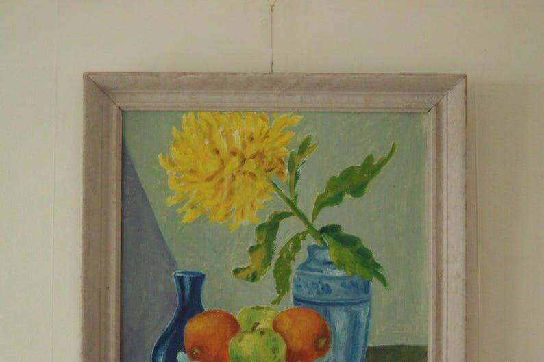 Huile sur panneau vintage d'origine – « Nature morte : Fruits et fleur jaune »