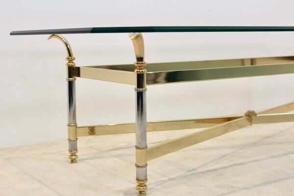 Table basse en laiton, chrome et verre, France 1970