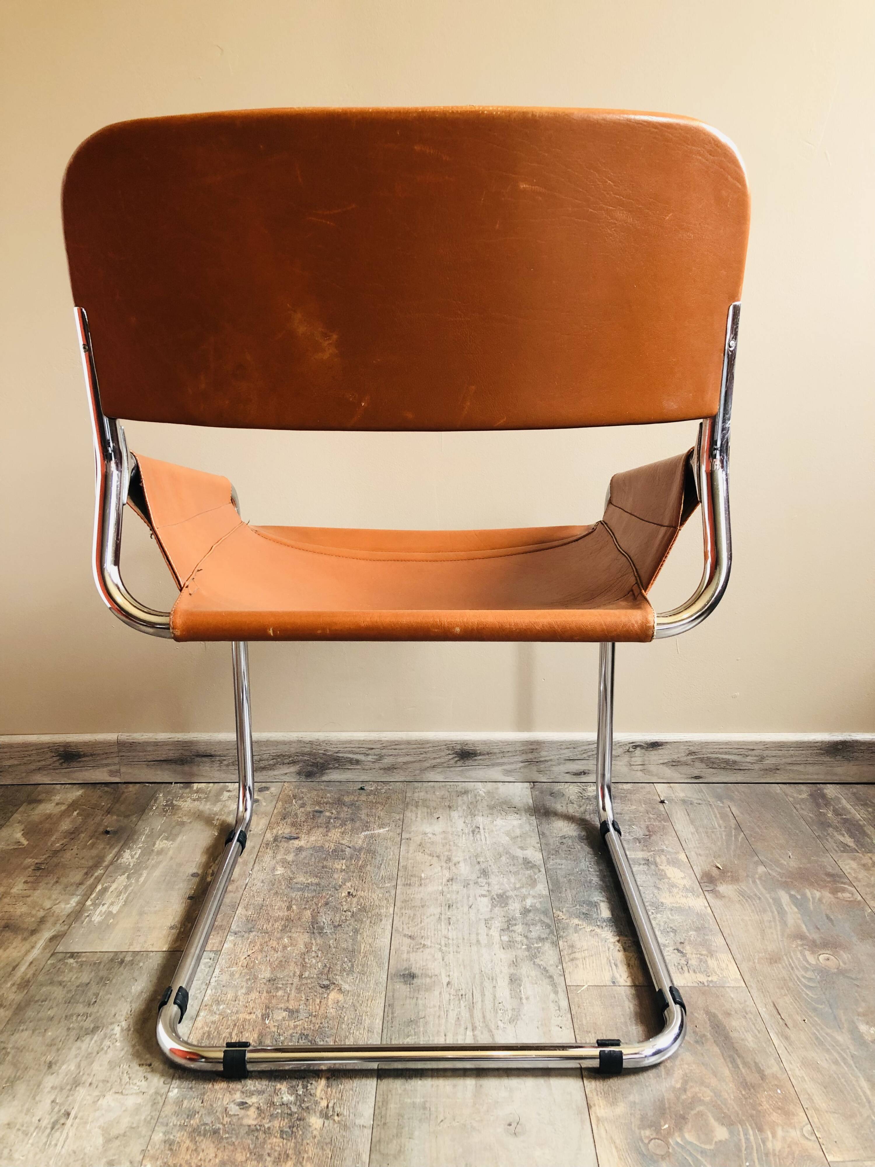 4 vintage 70s Italian chairs in cognac leather and stainless steel