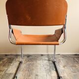 4 vintage 70s Italian chairs in cognac leather and stainless steel