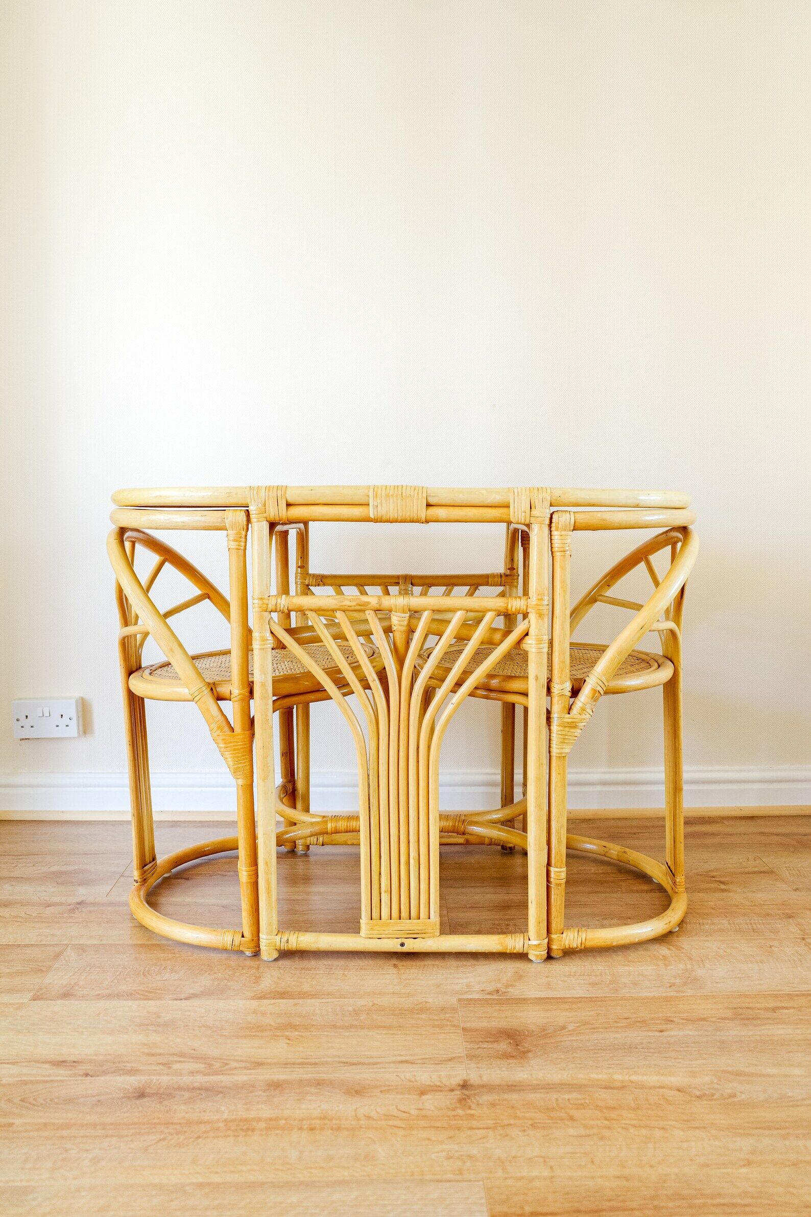 Bamboo Bistro Set / Table and Chairs Dining Set / Outdoor Cane Wicker, Mid Century Patio Furniture